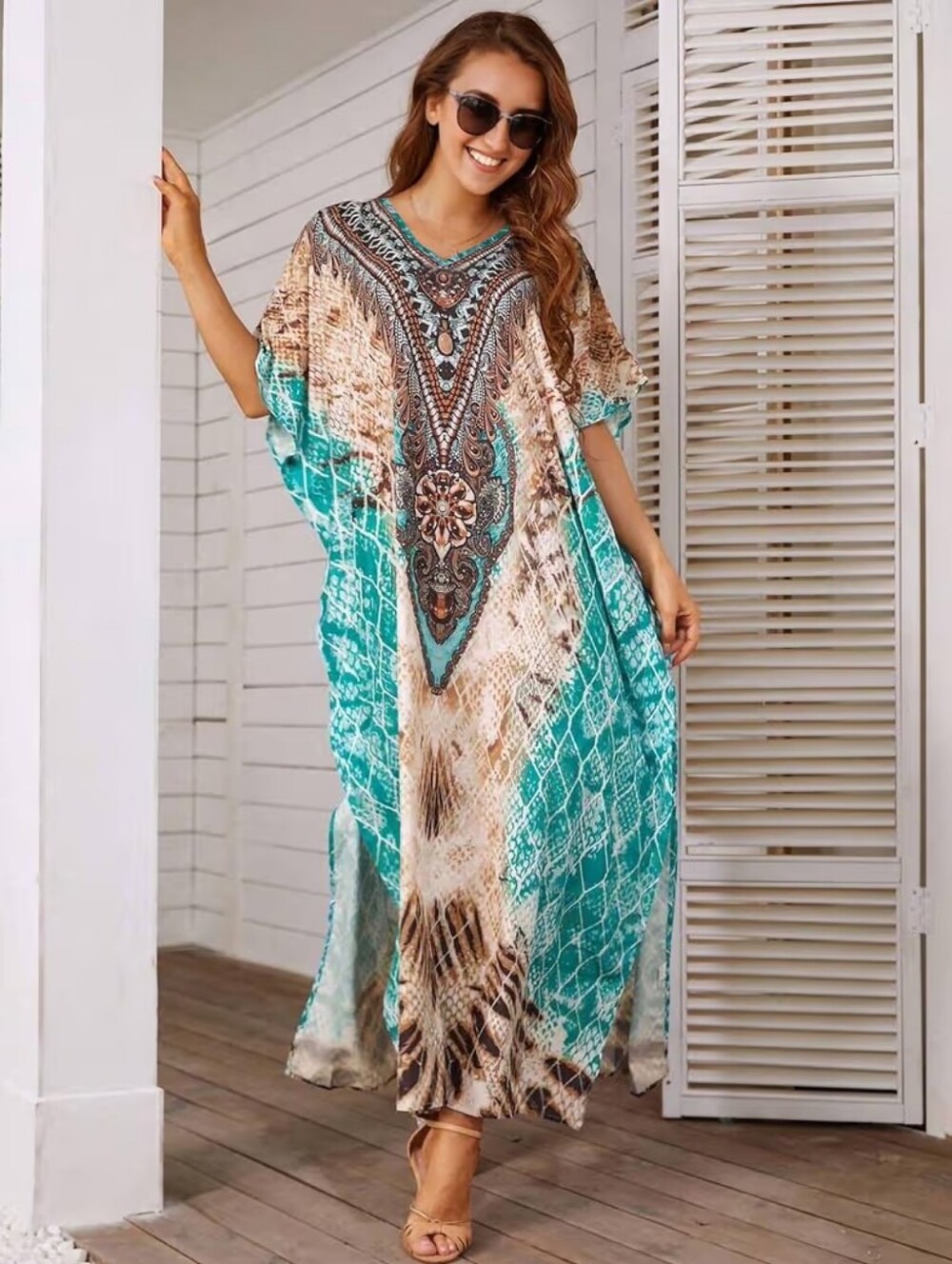 Kaftan Dress Plus Size Swimsuit Cover up Beach V Neck Lightweight Fits S-XXL - Picture 2 of 3